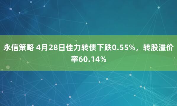 永信策略 4月28日佳力转债下跌0.55%，转股溢价率60.14%